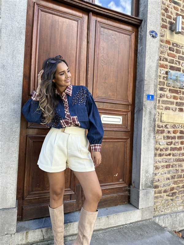 Jeanshemd Long Carreaux + Strass Stones