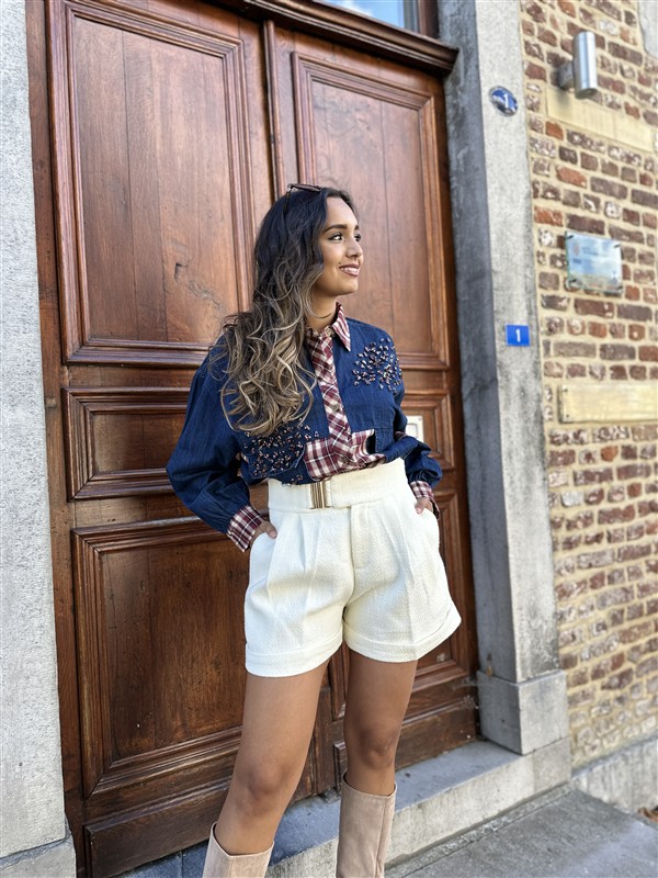 Jeanshemd Long Carreaux + Strass Stones