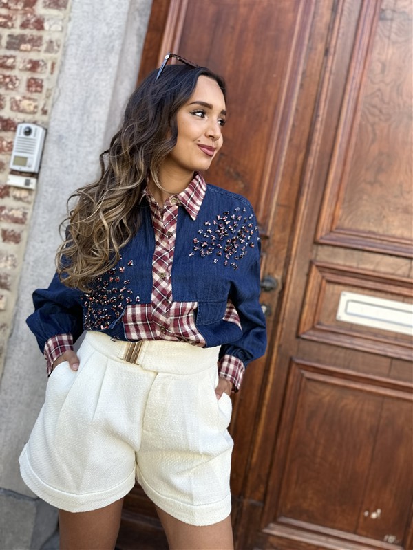 Jeanshemd Long Carreaux + Strass Stones