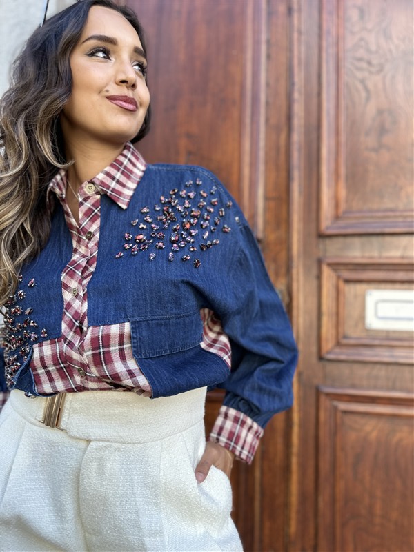 Jeanshemd Long Carreaux + Strass Stones