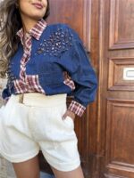 Jeanshemd Long Carreaux + Strass Stones