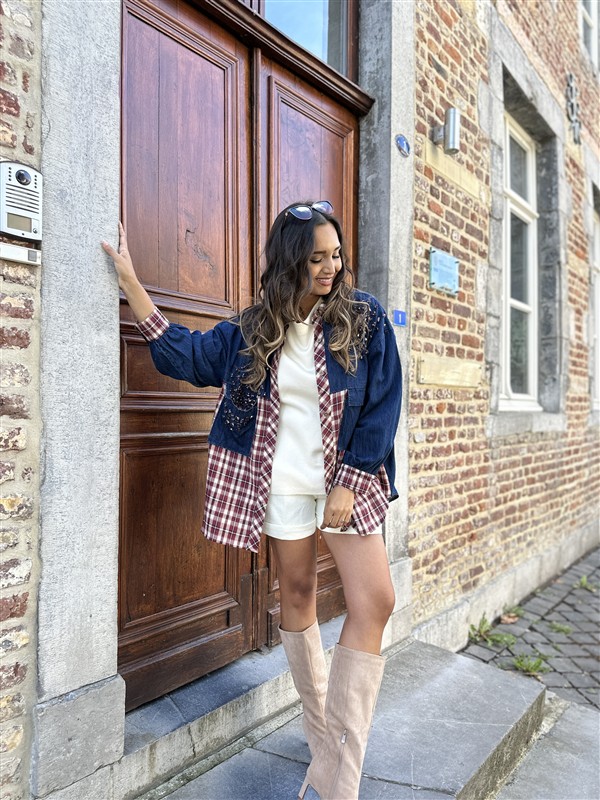 Jeanshemd Long Carreaux + Strass Stones