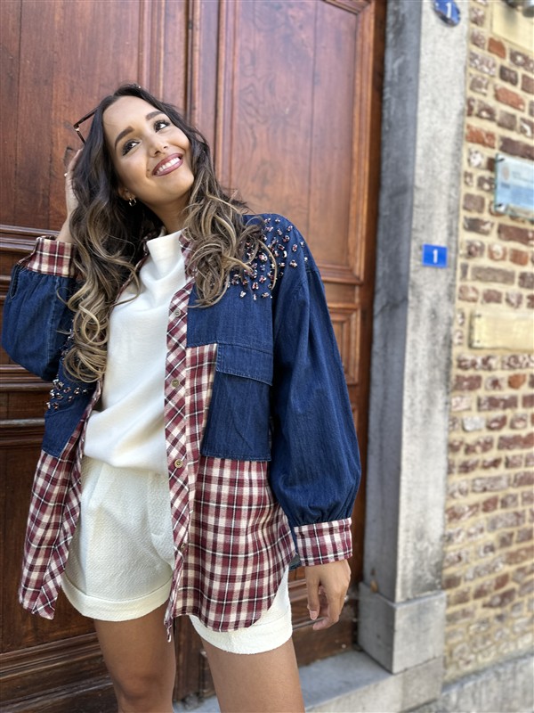 Jeanshemd Long Carreaux + Strass Stones