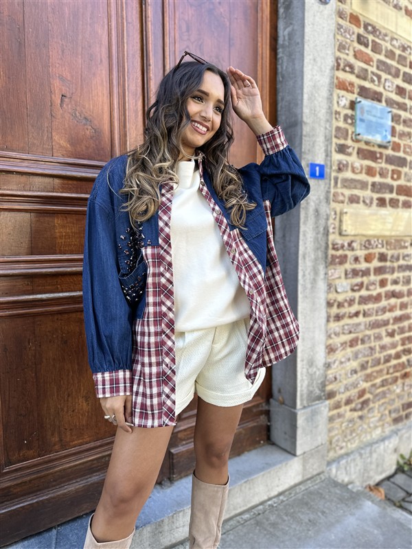 Jeanshemd Long Carreaux + Strass Stones