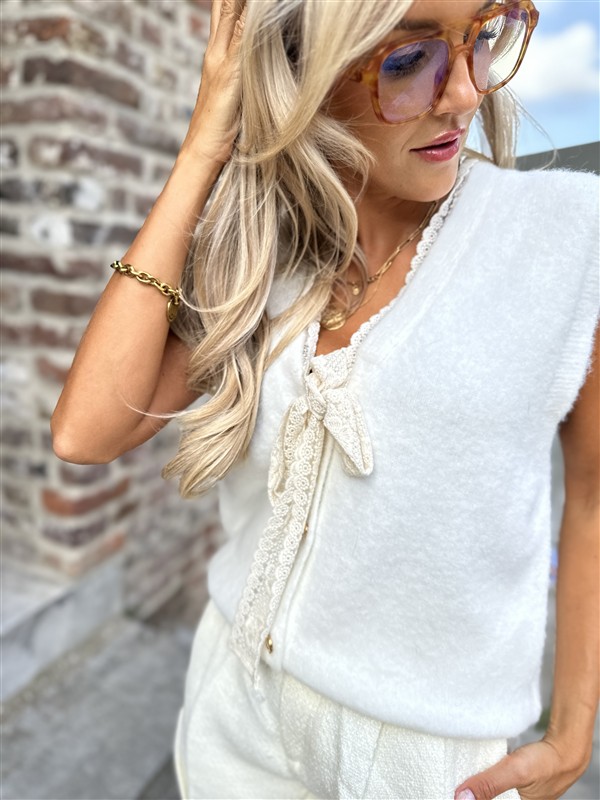 Knit Gilet Yp1704 Lace Bow Ecru