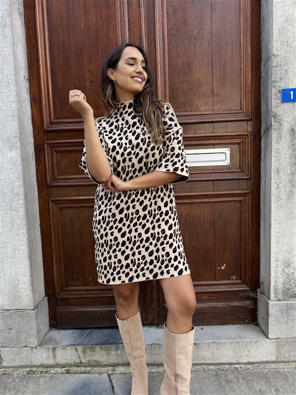 Knitdress Leopard High Neck 3/4mouw