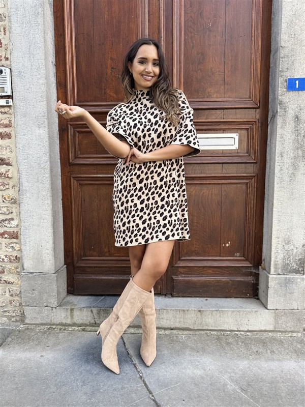 Knitdress Leopard High Neck 3/4mouw