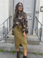 Bow Blouse Leaf Print Green