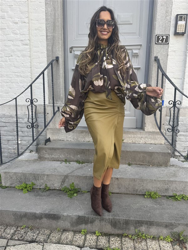 Bow Blouse Leaf Print Green