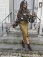 Bow Blouse Leaf Print Green