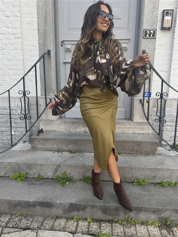 Bow Blouse Leaf Print Green