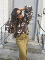 Bow Blouse Leaf Print Green