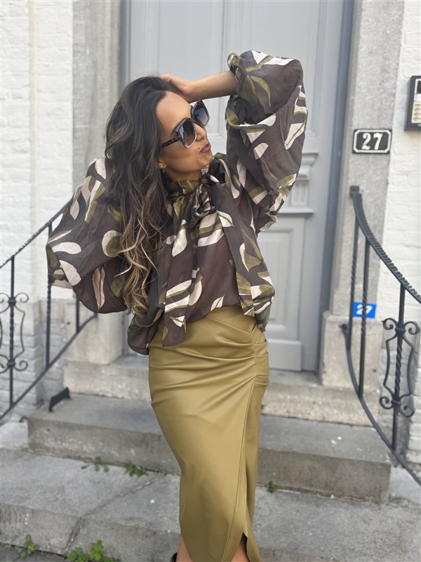 Bow Blouse Leaf Print Green