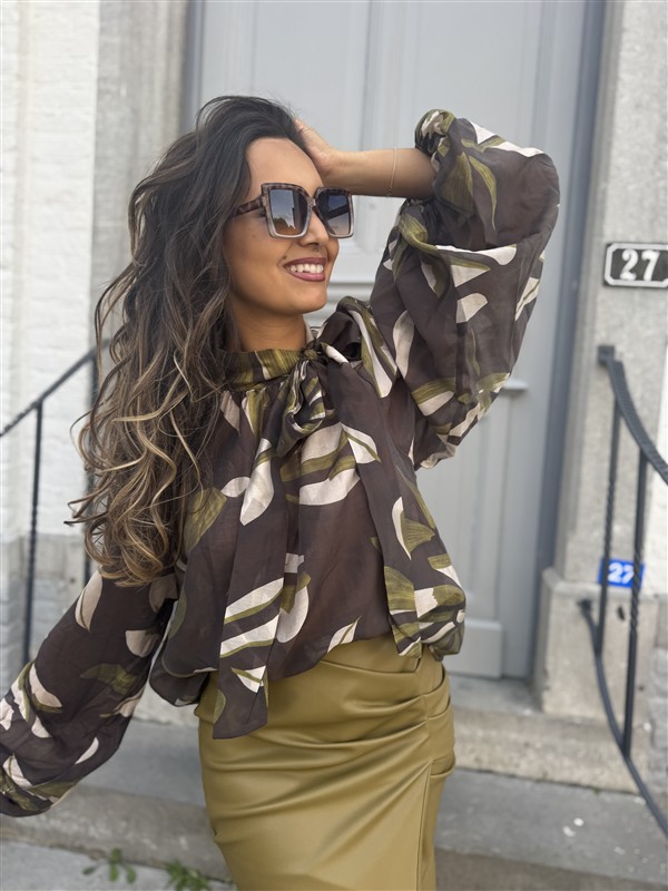 Bow Blouse Leaf Print Green