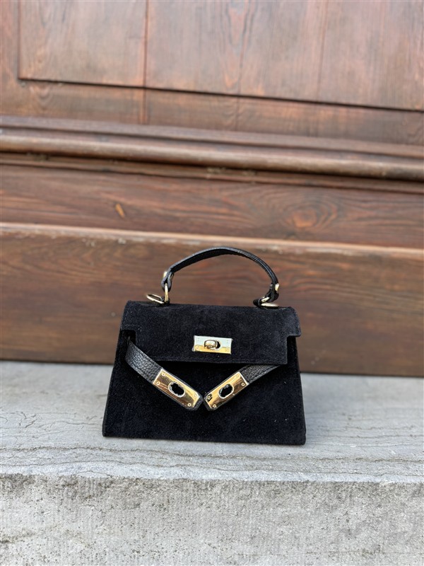 Inspired H-Bag Echt Suede Flap Zwart