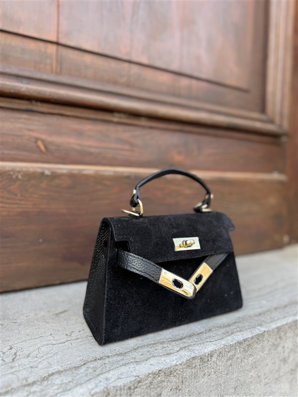 Inspired H-Bag Echt Suede Flap Zwart