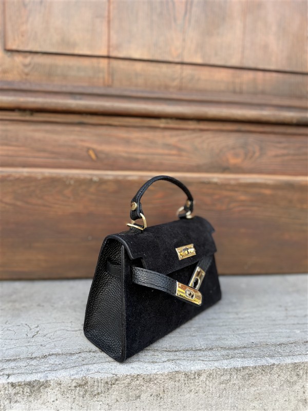 Inspired H-Bag Echt Suede Flap Zwart