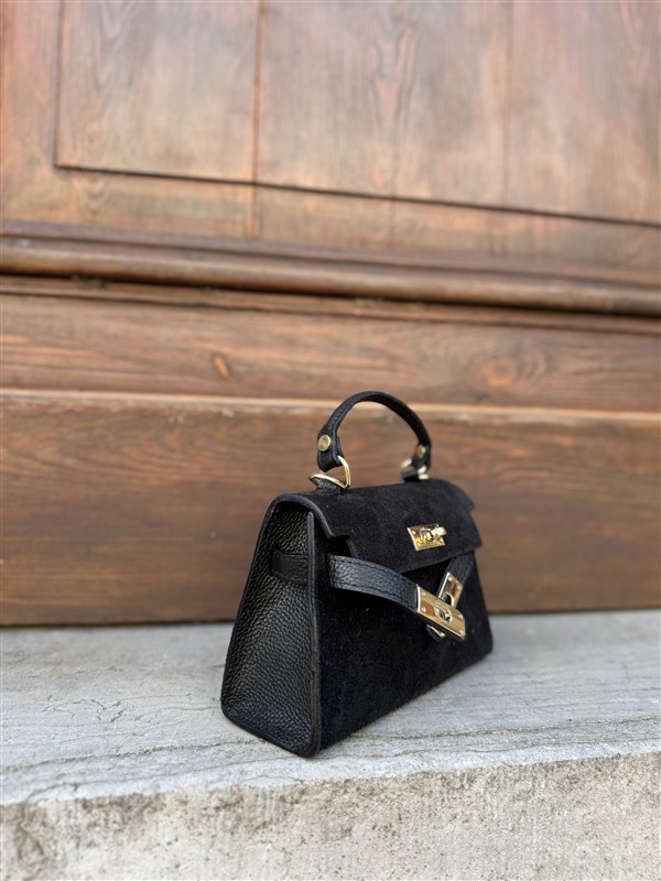 Inspired H-Bag Echt Suede Flap Zwart