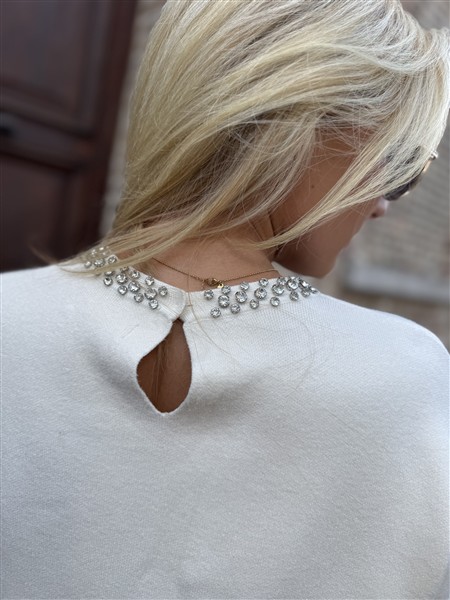 Knit 3/4 Mouw Strass Hals Ecru