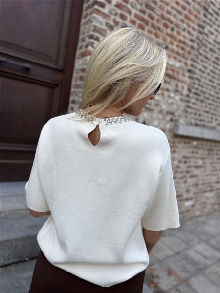 Knit 3/4 Mouw Strass Hals Ecru