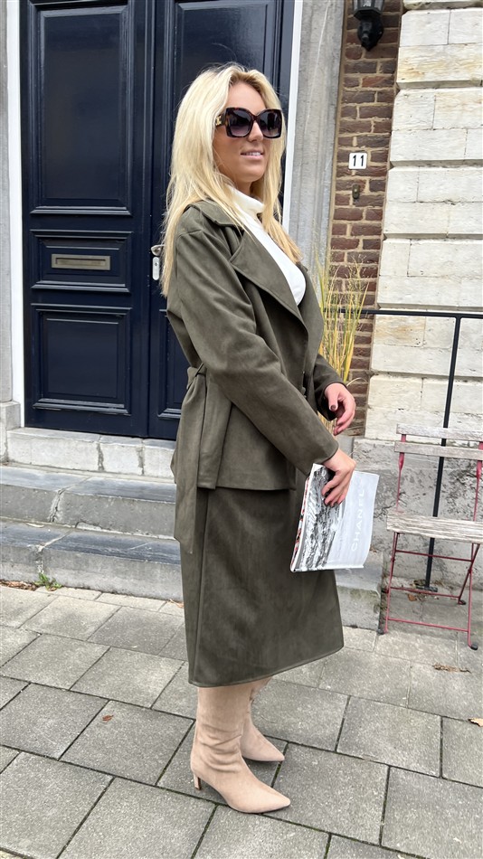 Suedine Blazer Met Riem 24412 Kaki