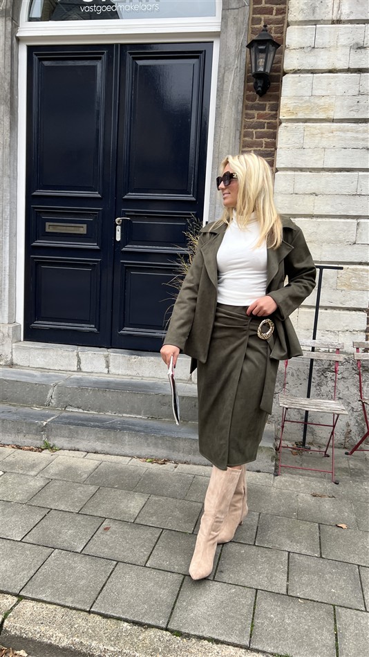 Suedine Blazer Met Riem 24412 Kaki
