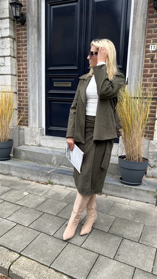 Suedine Blazer Met Riem 24412 Kaki