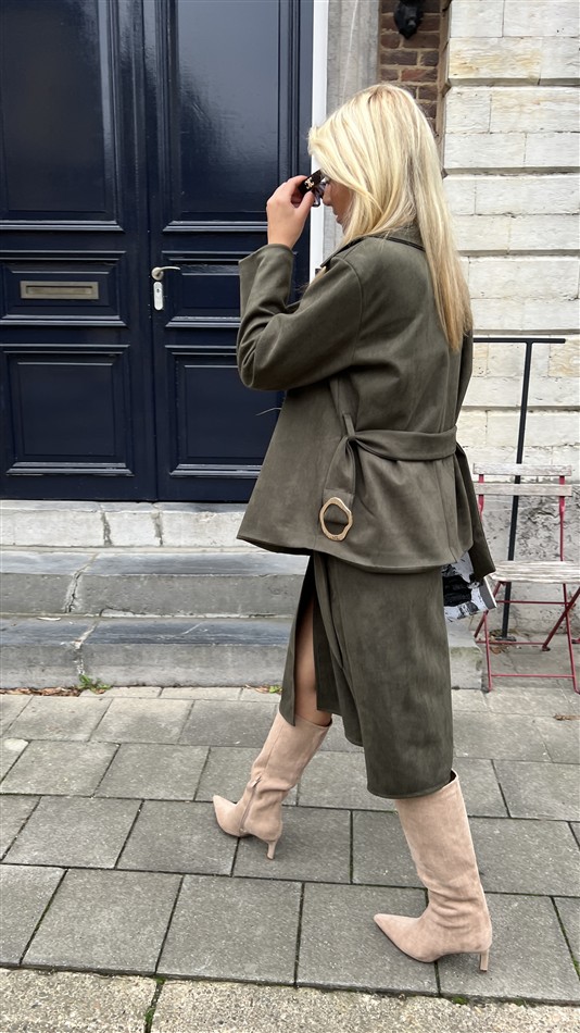 Suedine Blazer Met Riem 24412 Kaki