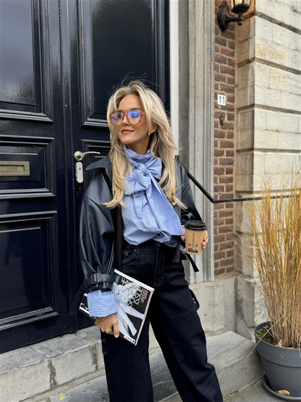 Lederl Blouse Riempje Mouw Marine 4572