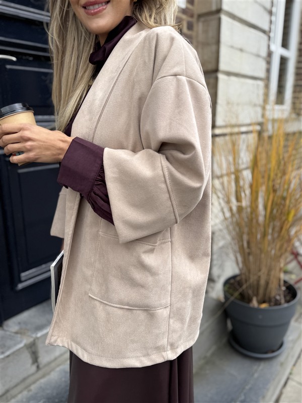 Suedine Vest Open Met Zakken Beige 23154