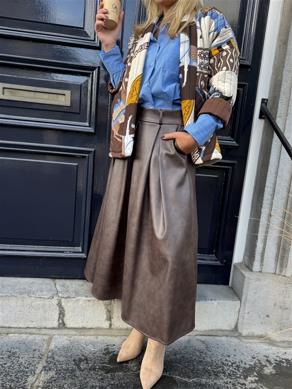 Lederlook Midi Rok Bruin H2836