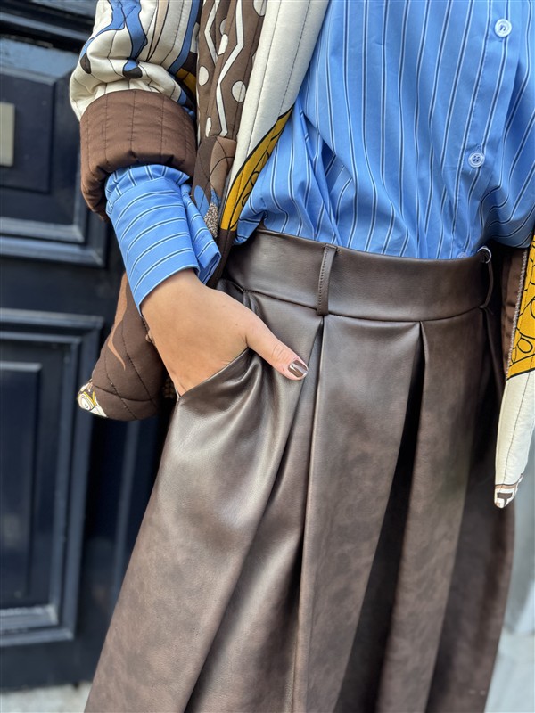 Lederlook Midi Rok Bruin H2836