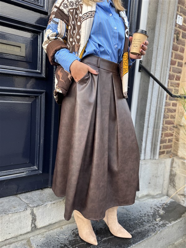Lederlook Midi Rok Bruin H2836
