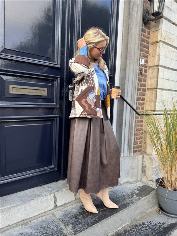 Lederlook Midi Rok Bruin H2836