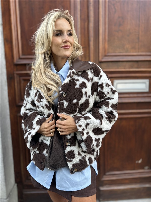 Cow Teddy Coat Lederl Kraag Bruin