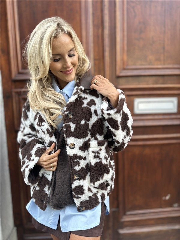 Cow Teddy Coat Lederl Kraag Bruin