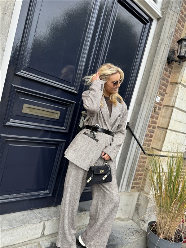 Visgraad Blazer Lederlook Kraag L9397