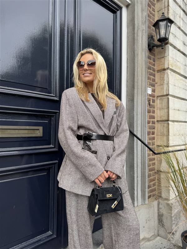 Visgraad Blazer Lederlook Kraag L9397