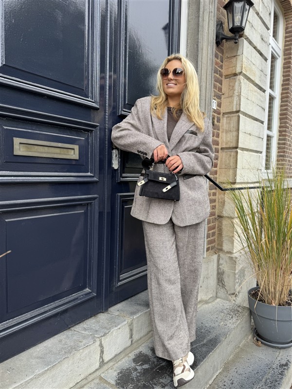 Visgraad Blazer Lederlook Kraag L9397