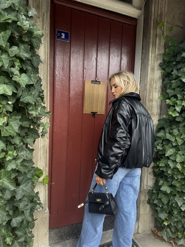 Lederlook Bomber Frons Zwart Ld3528