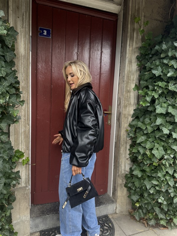 Lederlook Bomber Frons Zwart Ld3528