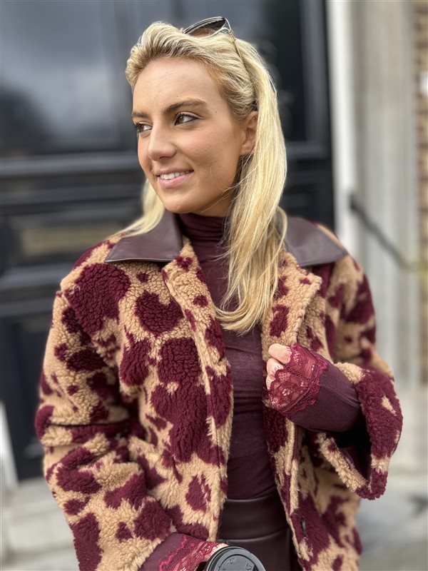 Cow Teddy Coat Lederl Kraag Bordeaux