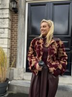 Cow Teddy Coat Lederl Kraag Bordeaux