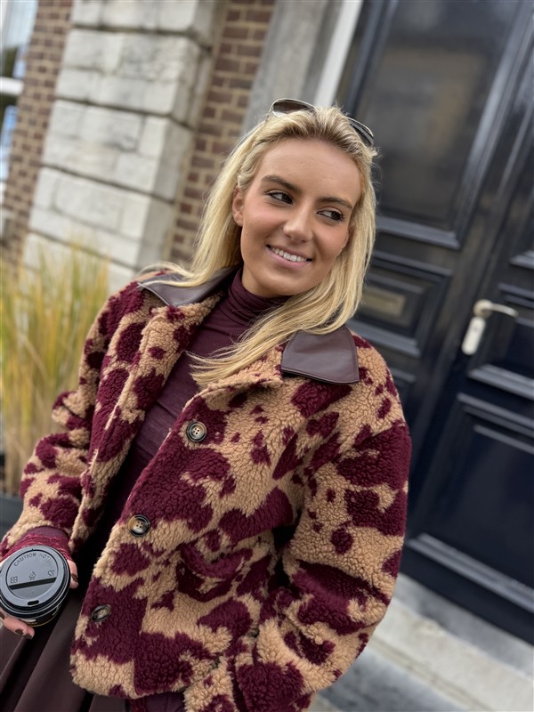 Cow Teddy Coat Lederl Kraag Bordeaux
