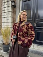 Cow Teddy Coat Lederl Kraag Bordeaux