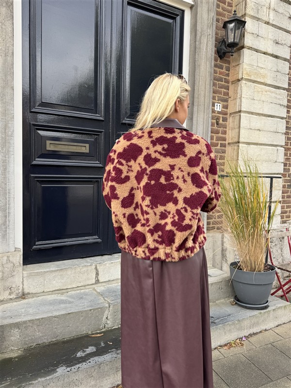 Cow Teddy Coat Lederl Kraag Bordeaux