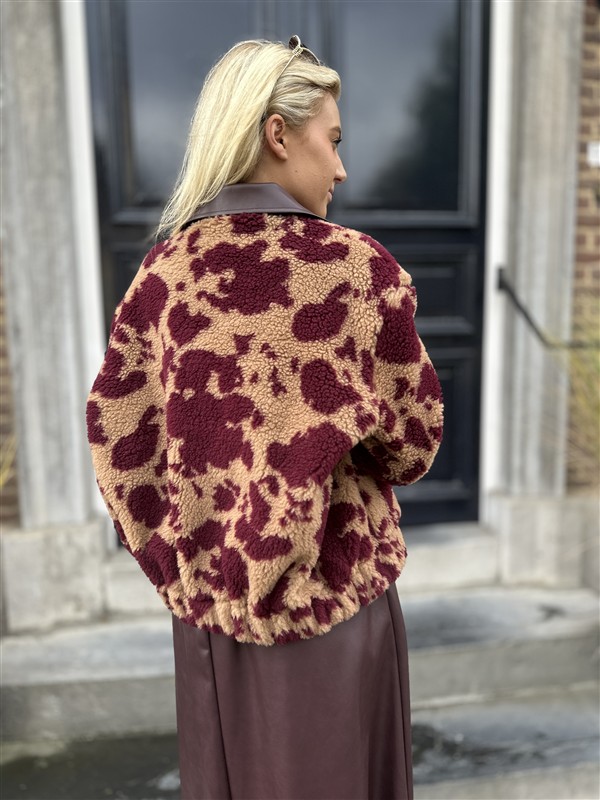 Cow Teddy Coat Lederl Kraag Bordeaux