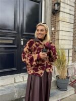 Cow Teddy Coat Lederl Kraag Bordeaux