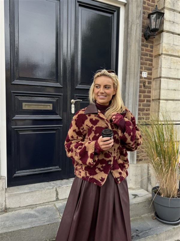 Cow Teddy Coat Lederl Kraag Bordeaux