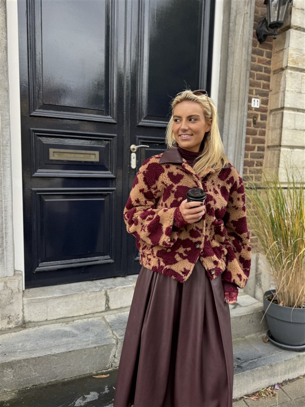 Cow Teddy Coat Lederl Kraag Bordeaux